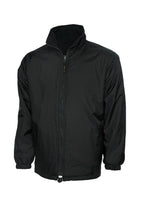 Black zip-up jacket with a stand-up collar, elastic cuffs, and drawstring hem in a regular, relaxed fit.