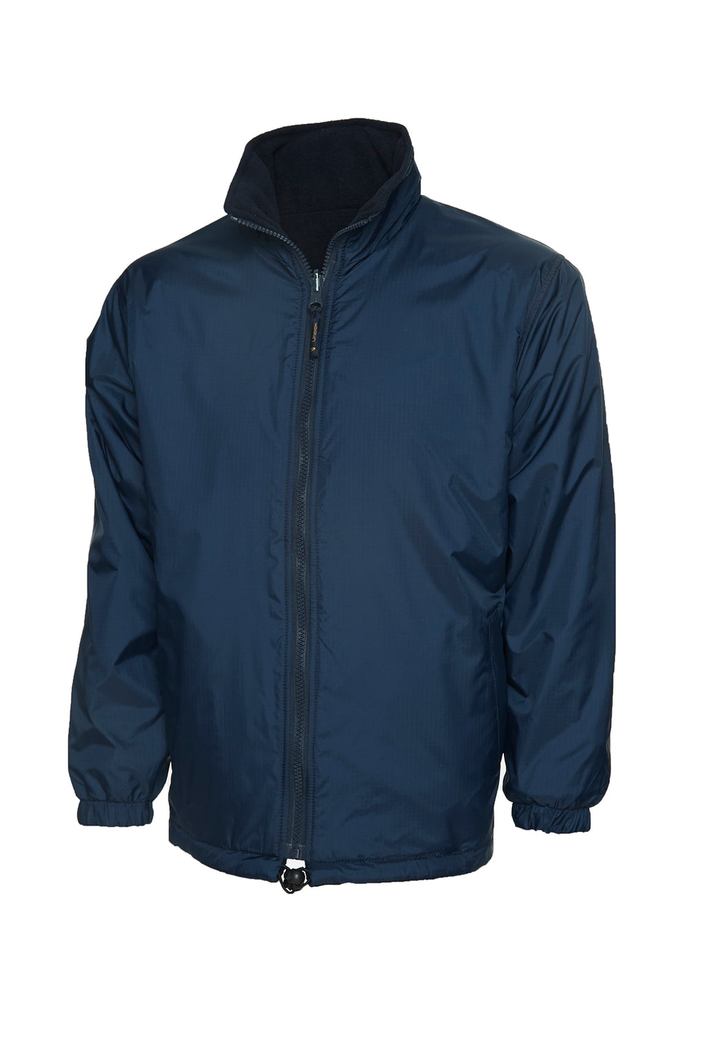Navy blue zip-up windbreaker with a high fleece-lined collar, elastic cuffs, and an adjustable drawcord hem.