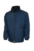 Navy blue zip-up windbreaker with a high fleece-lined collar, elastic cuffs, and an adjustable drawcord hem.