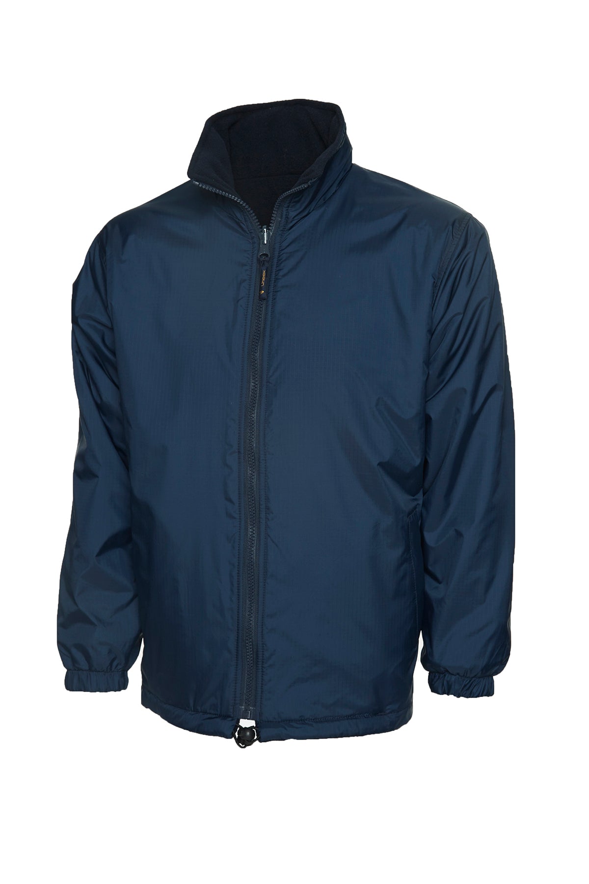 Navy blue zip-up windbreaker with a high fleece-lined collar, elastic cuffs, and an adjustable drawcord hem.