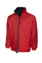 Red zip-up jacket with a black fleece inner collar, full-length zip, and an adjustable drawcord hem. Regular fit.