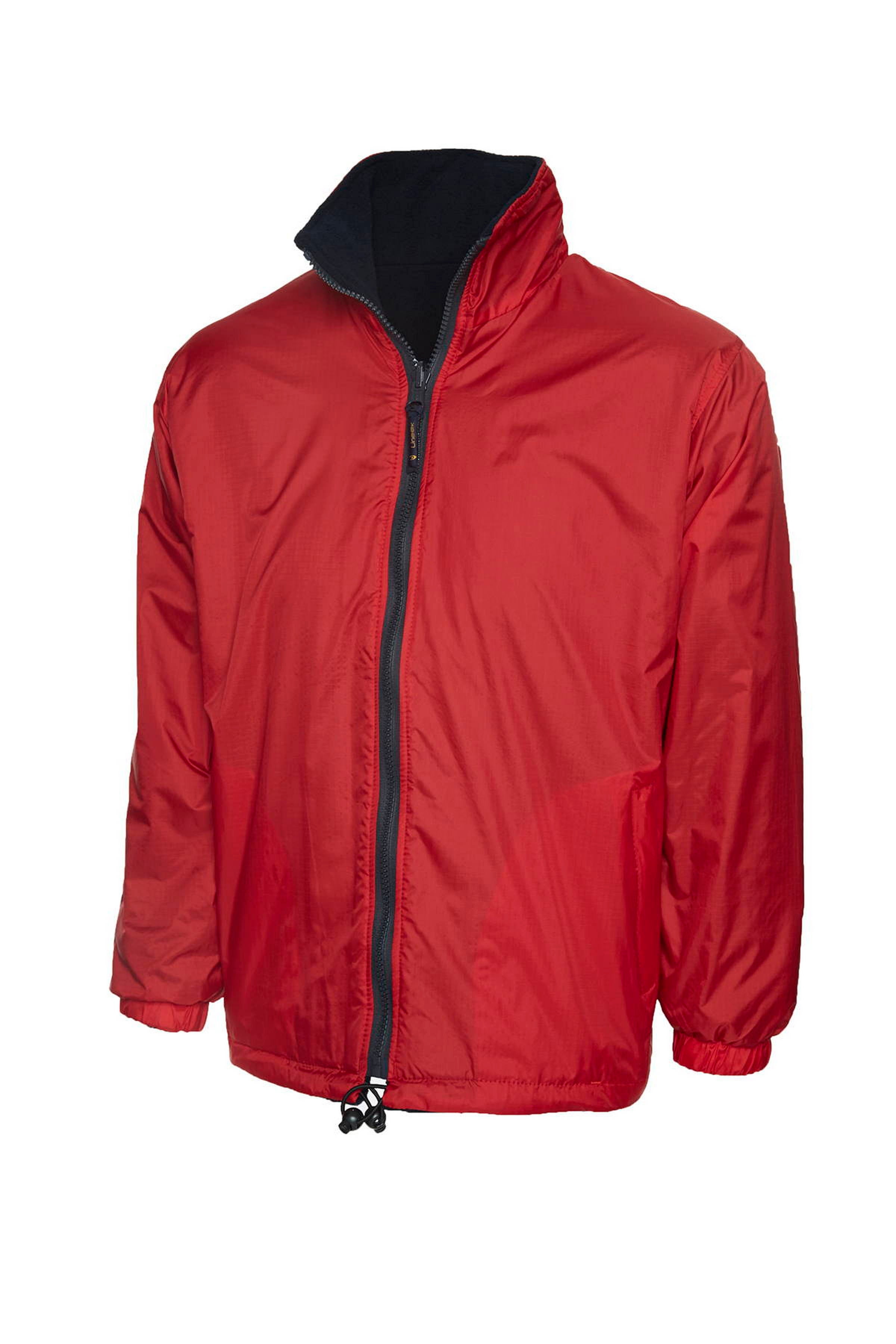 Red zip-up jacket with a black fleece inner collar, full-length zip, and an adjustable drawcord hem. Regular fit.