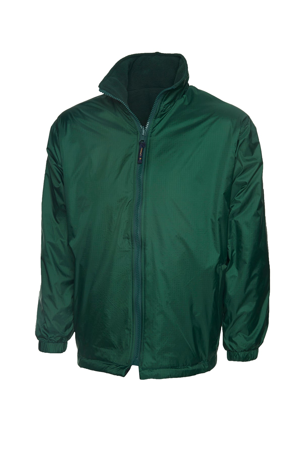 Dark green zip-up reversible jacket with a high collar, long sleeves, elastic cuffs, and a regular fit.