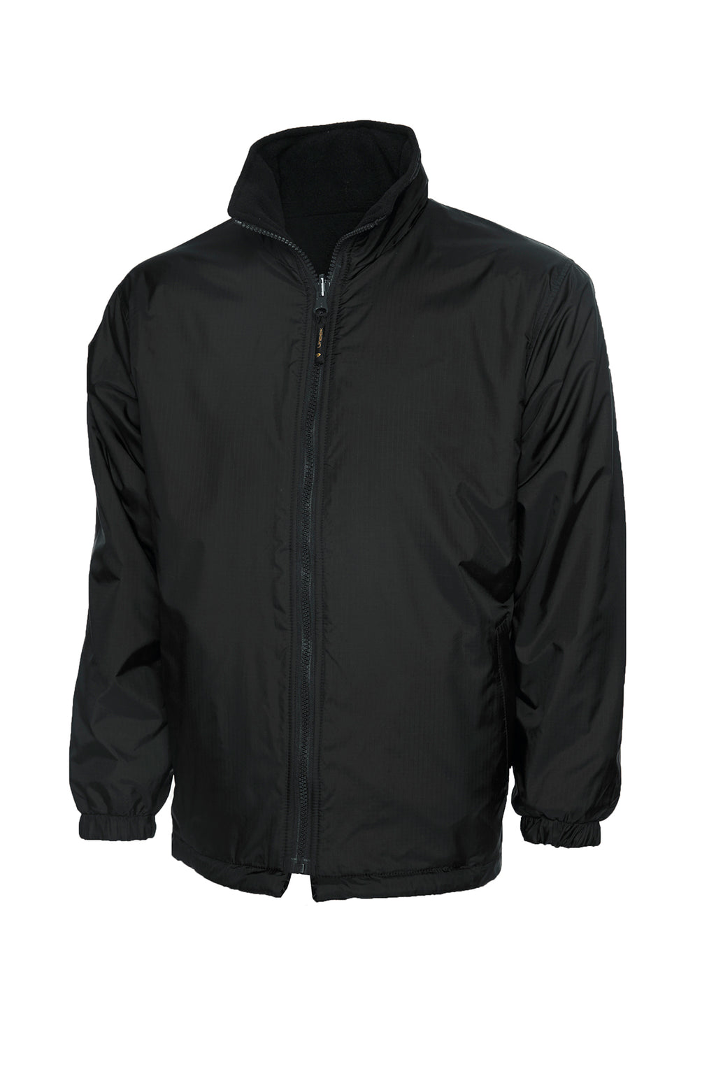 Black full-zip fleece-lined jacket with a stand-up collar, long sleeves with elastic cuffs, and a regular fit.