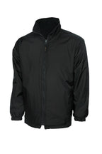 Black full-zip fleece-lined jacket with a stand-up collar, long sleeves with elastic cuffs, and a regular fit.