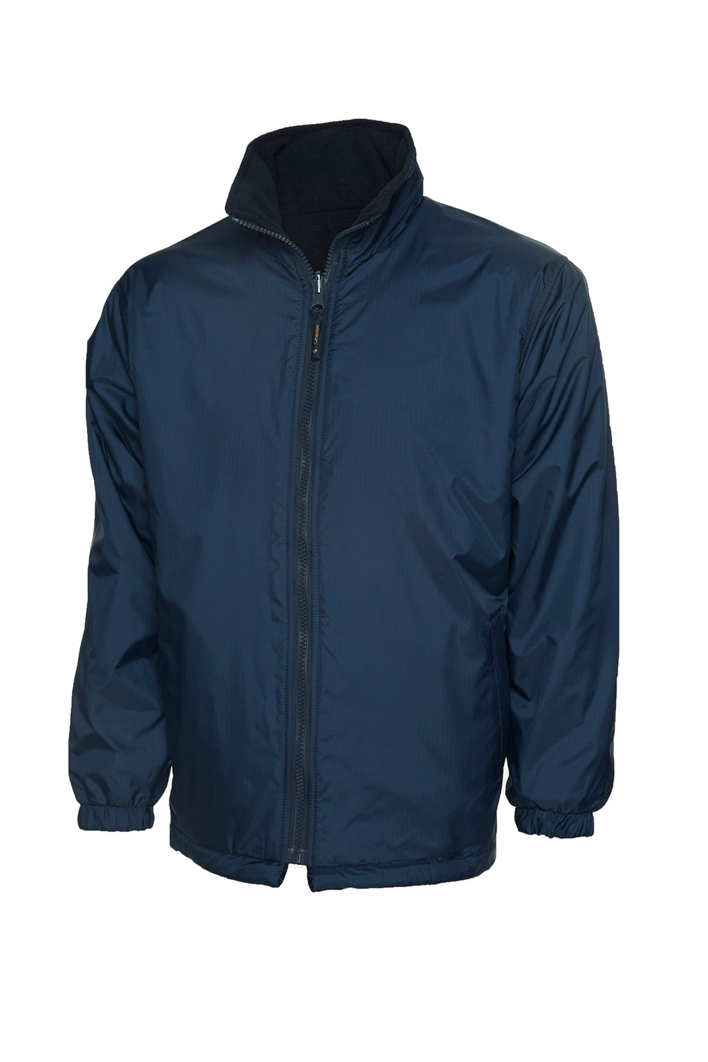 Navy blue ripstop zip-up jacket with fleece-lined stand collar, elastic cuffs, and a regular fit.