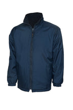 Navy blue ripstop zip-up jacket with fleece-lined stand collar, elastic cuffs, and a regular fit.