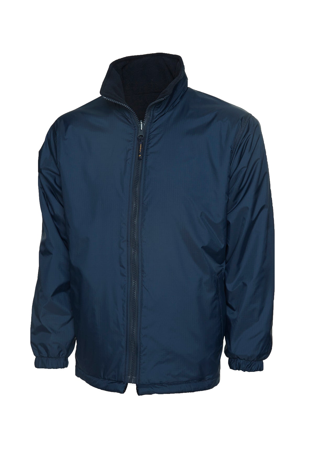 Navy blue ripstop zip-up jacket with fleece-lined stand collar, elastic cuffs, and a regular fit.