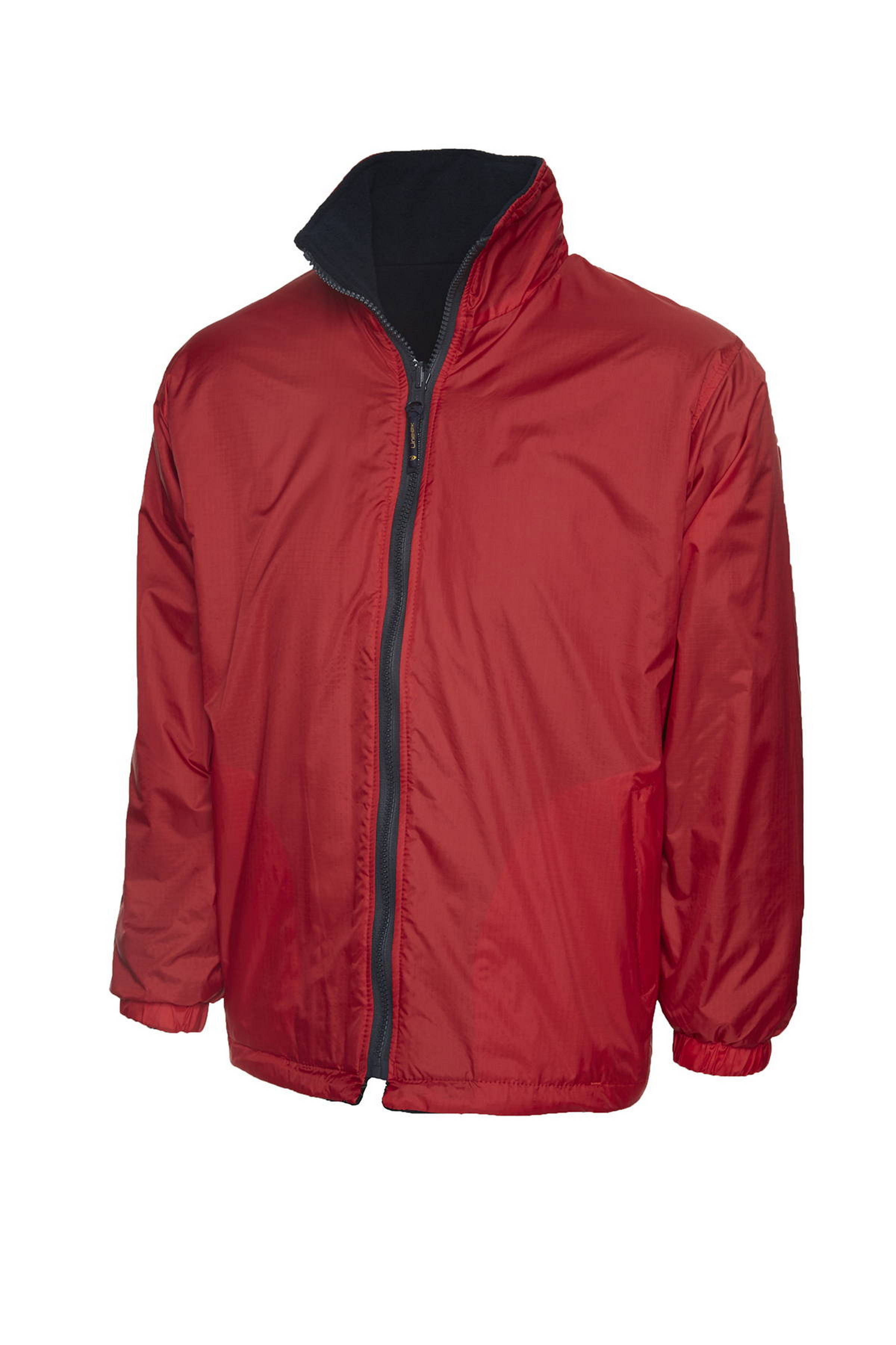 Red reversible zip-up jacket with mock neck collar, elastic cuffs, and black interior lining, relaxed fit.
