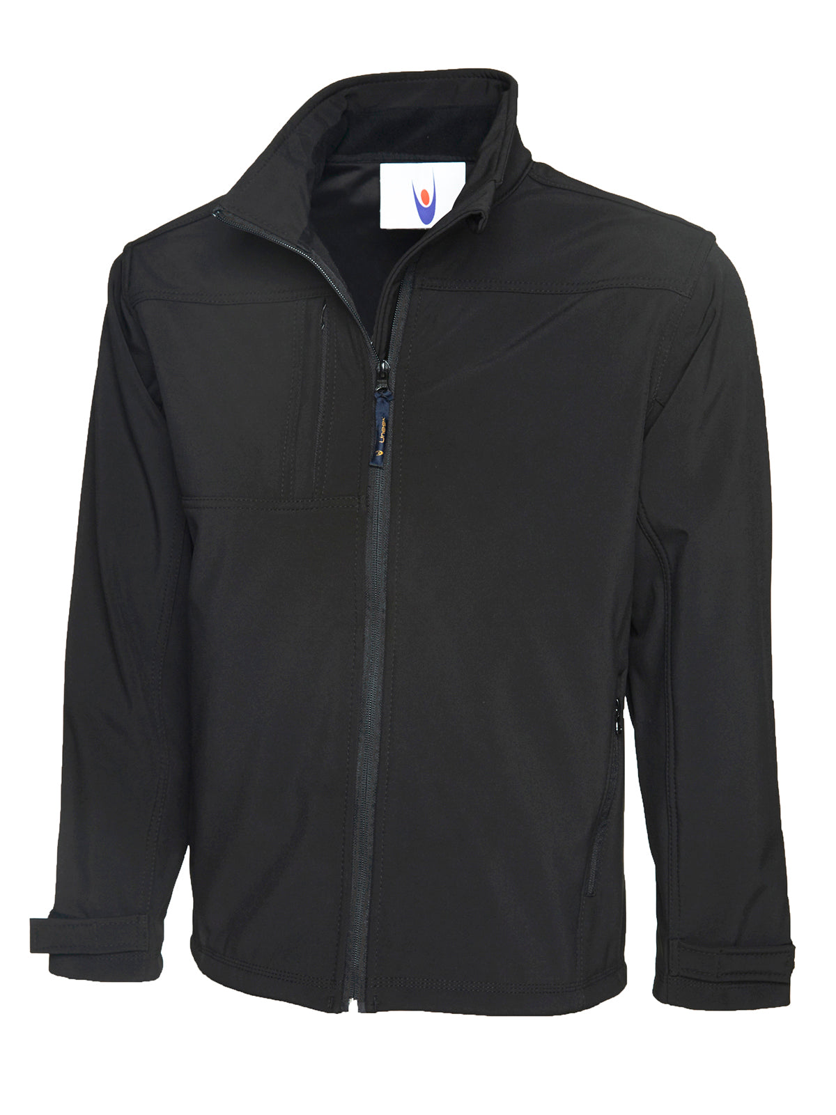 Black softshell jacket with a high collar, full-length zip, chest pocket, and adjustable velcro cuffs. Regular fit.