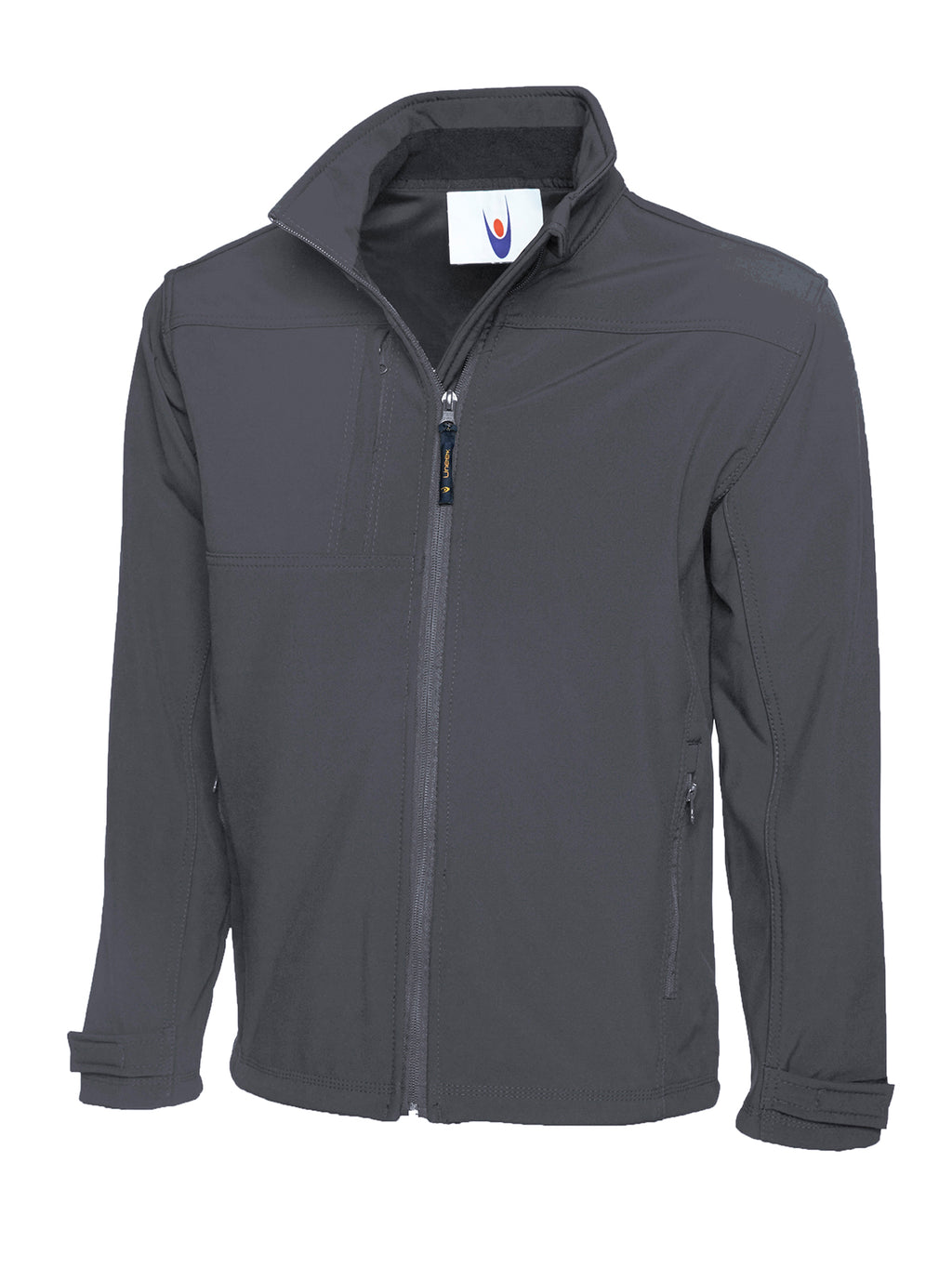 Dark gray softshell jacket with a high collar, full-zip front, chest pocket, and adjustable velcro cuffs.