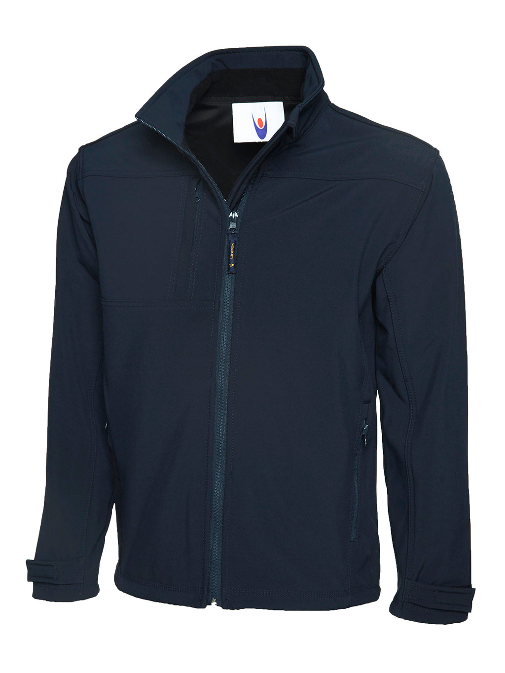 Navy blue softshell zip-up jacket with mock neck, vertical chest pocket, and adjustable velcro cuff tabs. Standard fit.