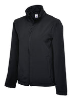 Black softshell jacket with full-zip front, mock neck, long sleeves, and side pockets in a fitted, tailored cut.