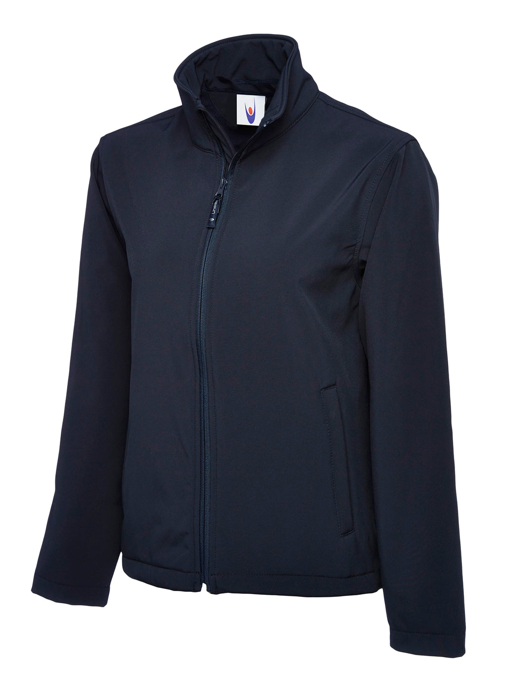 Navy blue softshell jacket with a high collar, full-zip front, and side pockets in a slim, tailored fit.
