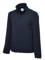 Navy blue softshell jacket with a high collar, full-zip front, and side pockets in a slim, tailored fit.