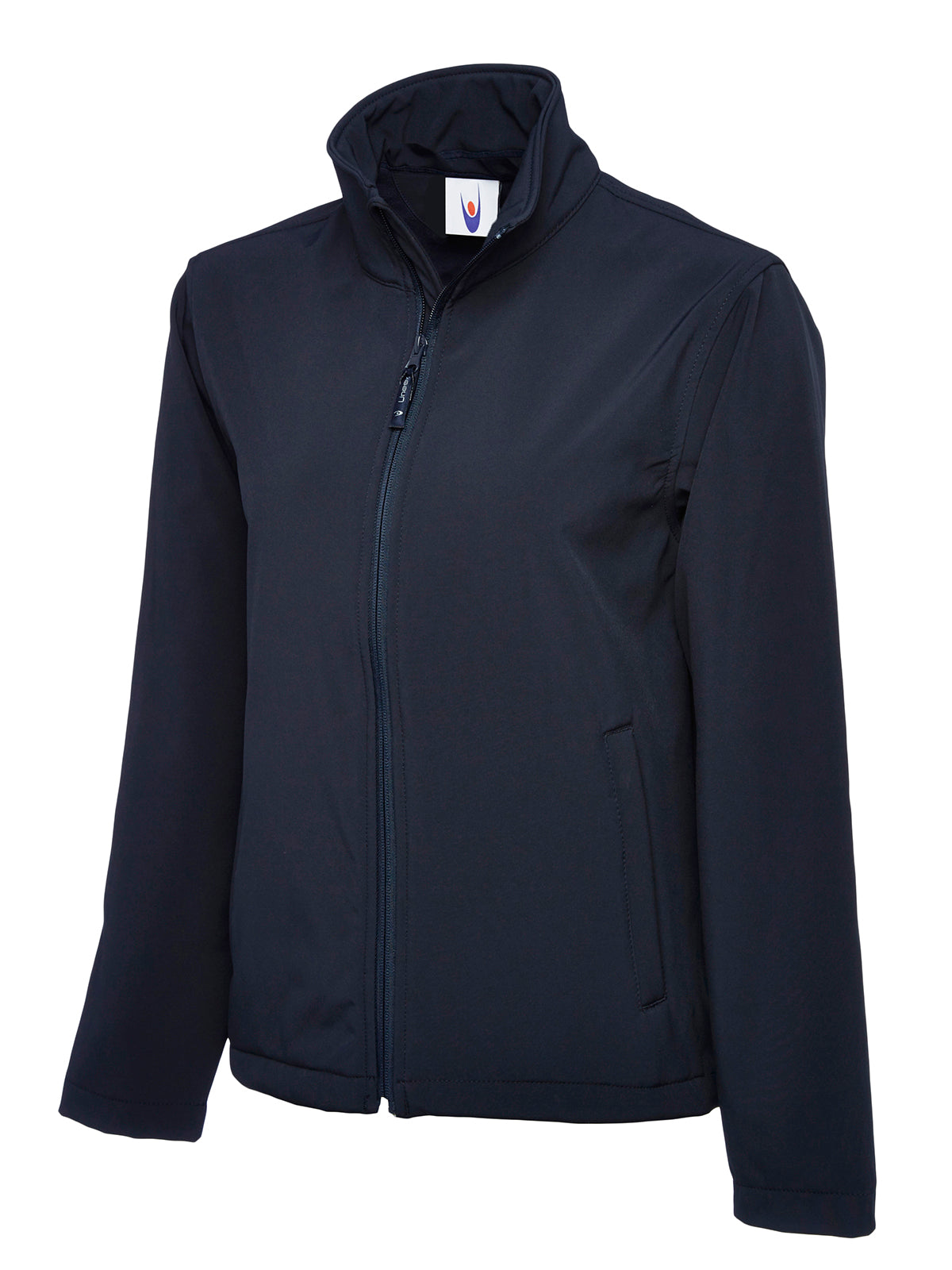 Navy blue softshell jacket with a high collar, full-zip front, and side pockets in a slim, tailored fit.