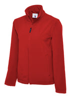 Red women's full-zip softshell jacket with a mock neck, long sleeves, and vertical side pockets. Slim, structured fit.