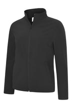 Black full-zip softshell jacket with a mock neck, long sleeves, and side pockets in a fitted silhouette.