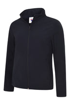 Black fitted softshell jacket with mock neck collar, full front zipper, and side pockets.