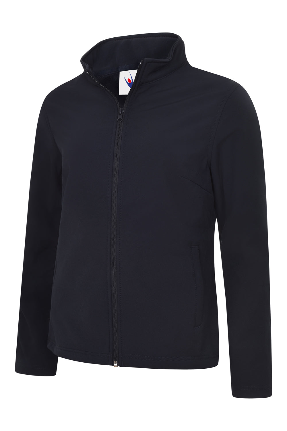 Black fitted softshell jacket with mock neck collar, full front zipper, and side pockets.