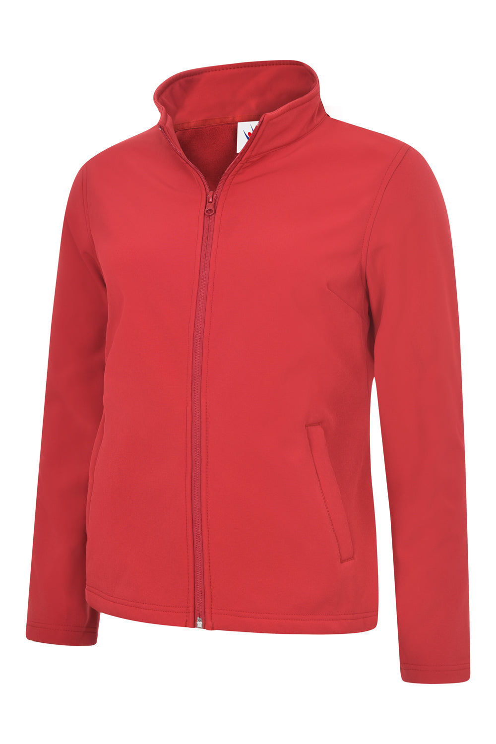 Red zip-up softshell jacket with a mock neck, long sleeves, and two front slit pockets in a tailored fit.