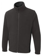 Black fleece jacket with full-zip front, mock neck, side pockets, and elastic cuffs in a classic fit.