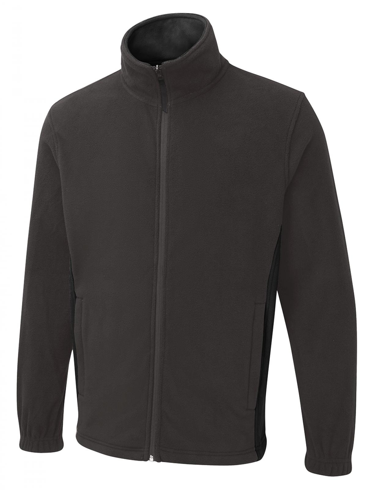 Black fleece jacket with full-zip front, mock neck, side pockets, and elastic cuffs in a classic fit.