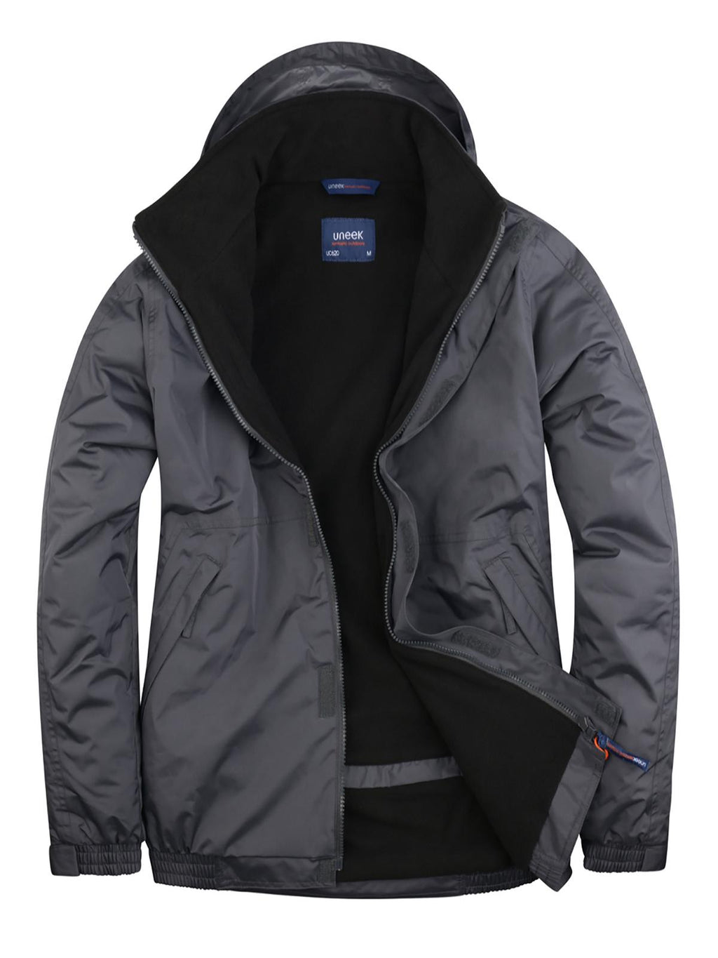 Dark grey hooded jacket with a black fleece lining, full-zip front, and elasticated cuffs. Regular fit.