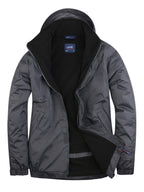 Dark grey hooded jacket with a black fleece lining, full-zip front, and elasticated cuffs. Regular fit.
