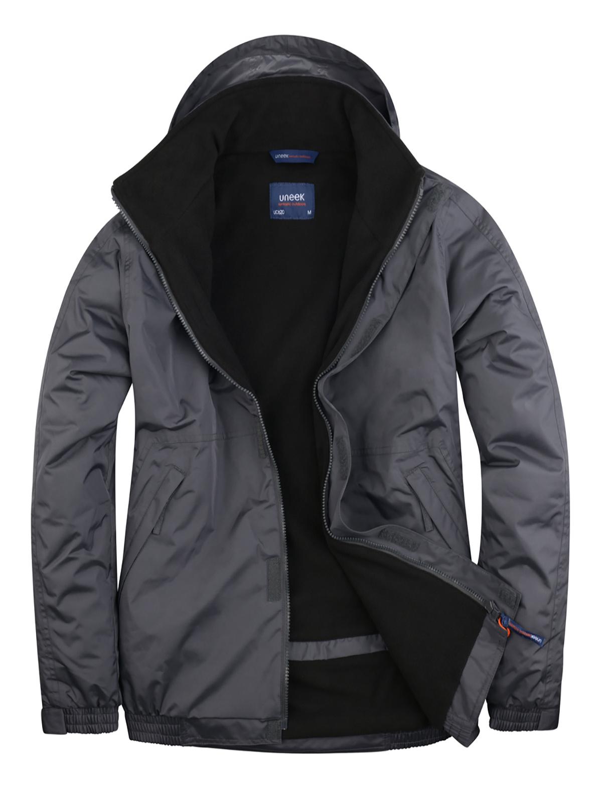 Dark grey hooded jacket with a black fleece lining, full-zip front, and elasticated cuffs. Regular fit.
