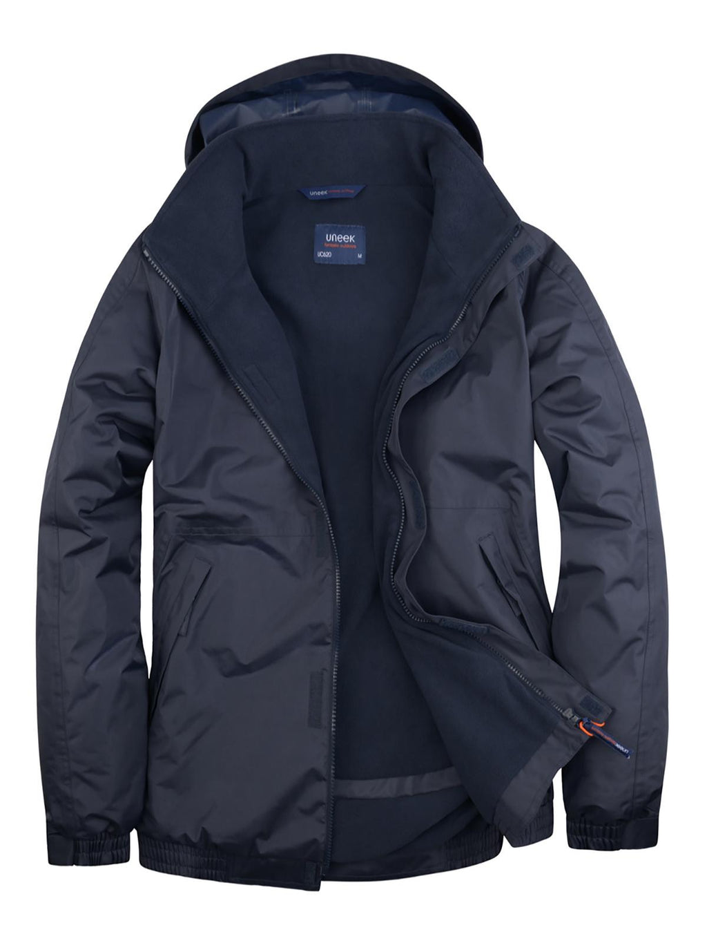 Navy blue fleece-lined waterproof jacket with hood, front zip closure, and elasticated hem. Regular fit.