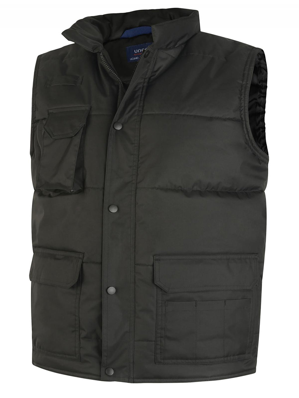 Black quilted utility vest with a high collar, snap-button placket, and multiple front flap pockets. Regular fit.