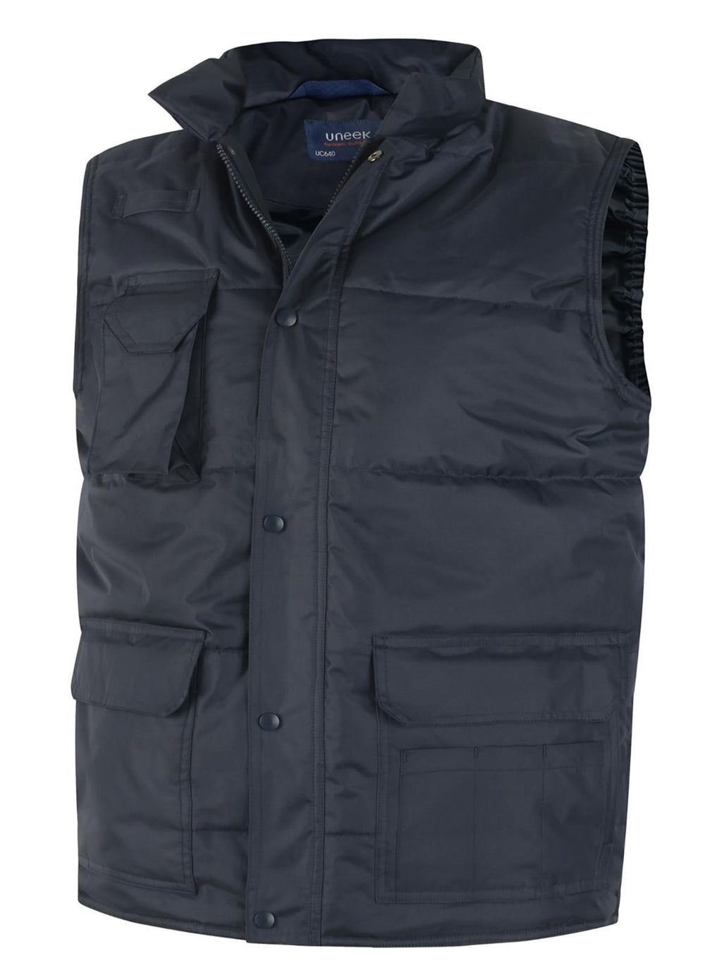 Navy blue quilted vest with stand collar, zip-front, snap storm flap, and multiple utility pockets. Regular fit.