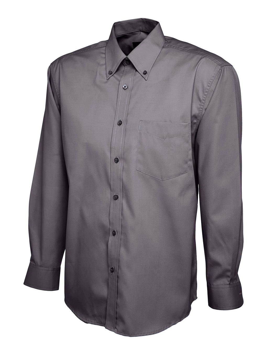 Dark gray button-up dress shirt with a button-down collar, long sleeves, and a single chest pocket. Regular fit.