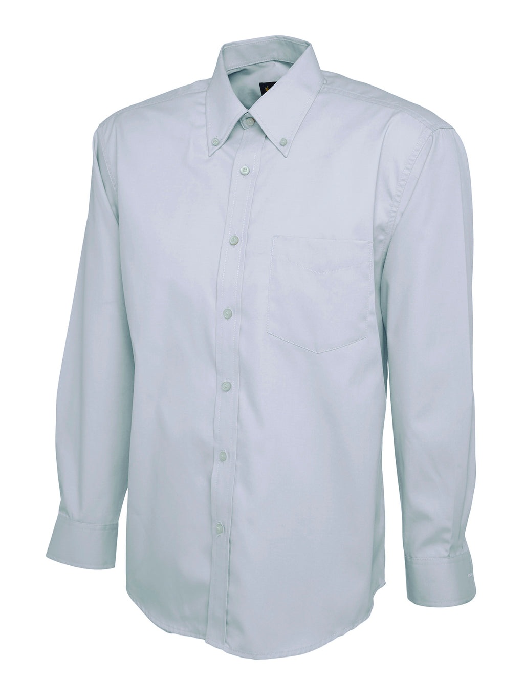 Light grey, long-sleeve, button-down dress shirt with a button-down collar, chest pocket, and regular fit.