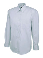 Light grey, long-sleeve, button-down dress shirt with a button-down collar, chest pocket, and regular fit.