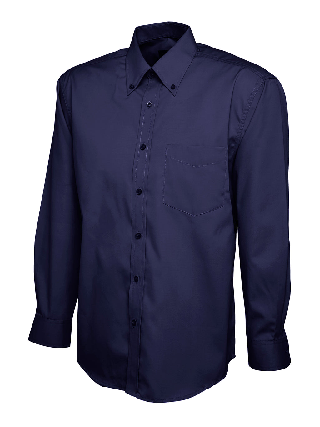 Navy blue long-sleeve button-down shirt with a buttoned-down collar, chest pocket, and a regular fit.