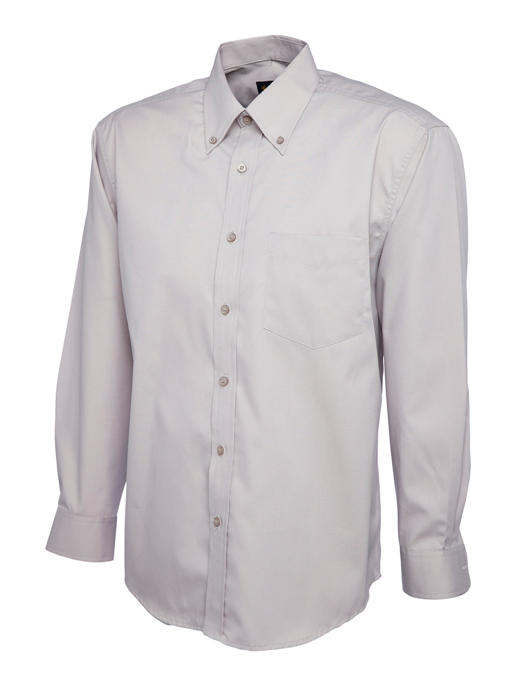 Light grey, long-sleeve, button-down dress shirt with a pointed collar, chest pocket, and relaxed fit.