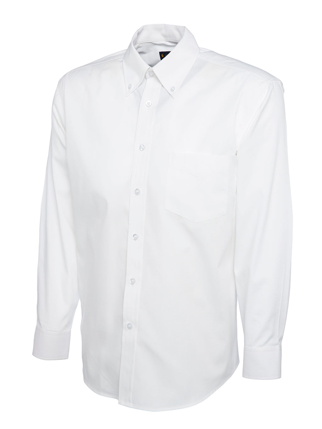 White long-sleeve button-down shirt with a collar, button-down front, and chest pocket. Regular fit.