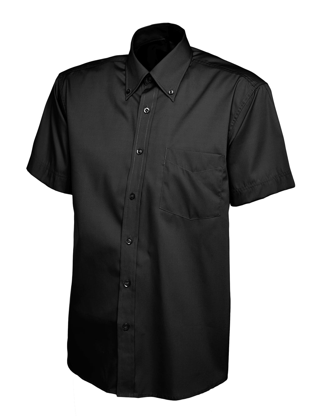 Black short-sleeve button-down shirt with a button-down collar, front chest pocket, and a classic regular fit.