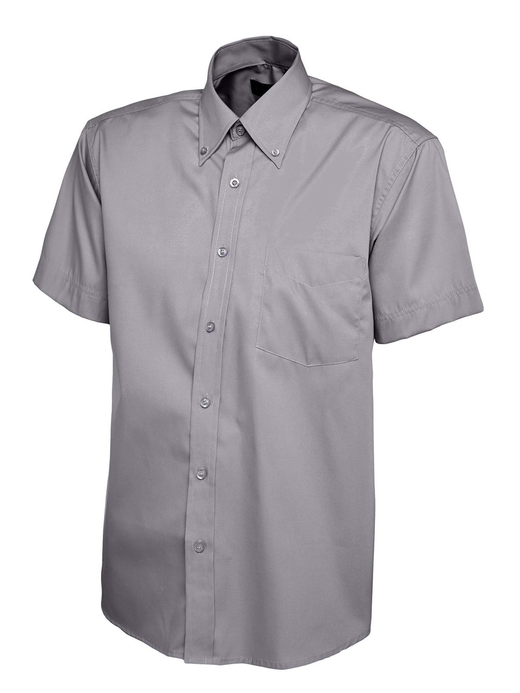 Grey short-sleeve button-down shirt with a button-down collar, chest pocket, and a classic, relaxed fit.