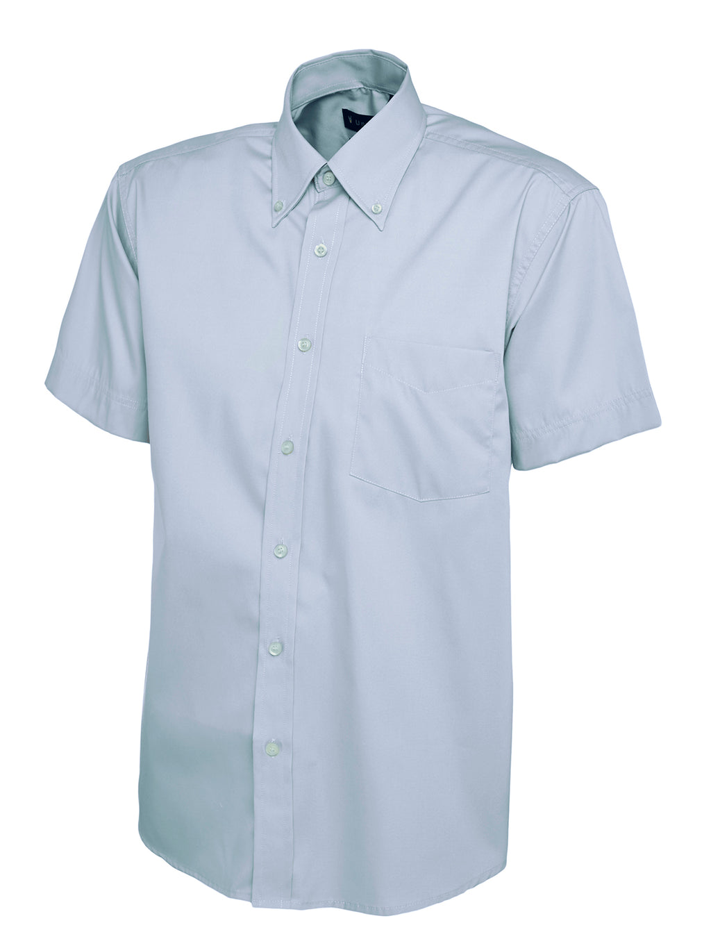 Light blue, short-sleeve button-up dress shirt with a button-down collar, chest pocket, and a classic fit.