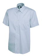 Light blue, short-sleeve button-up dress shirt with a button-down collar, chest pocket, and a classic fit.