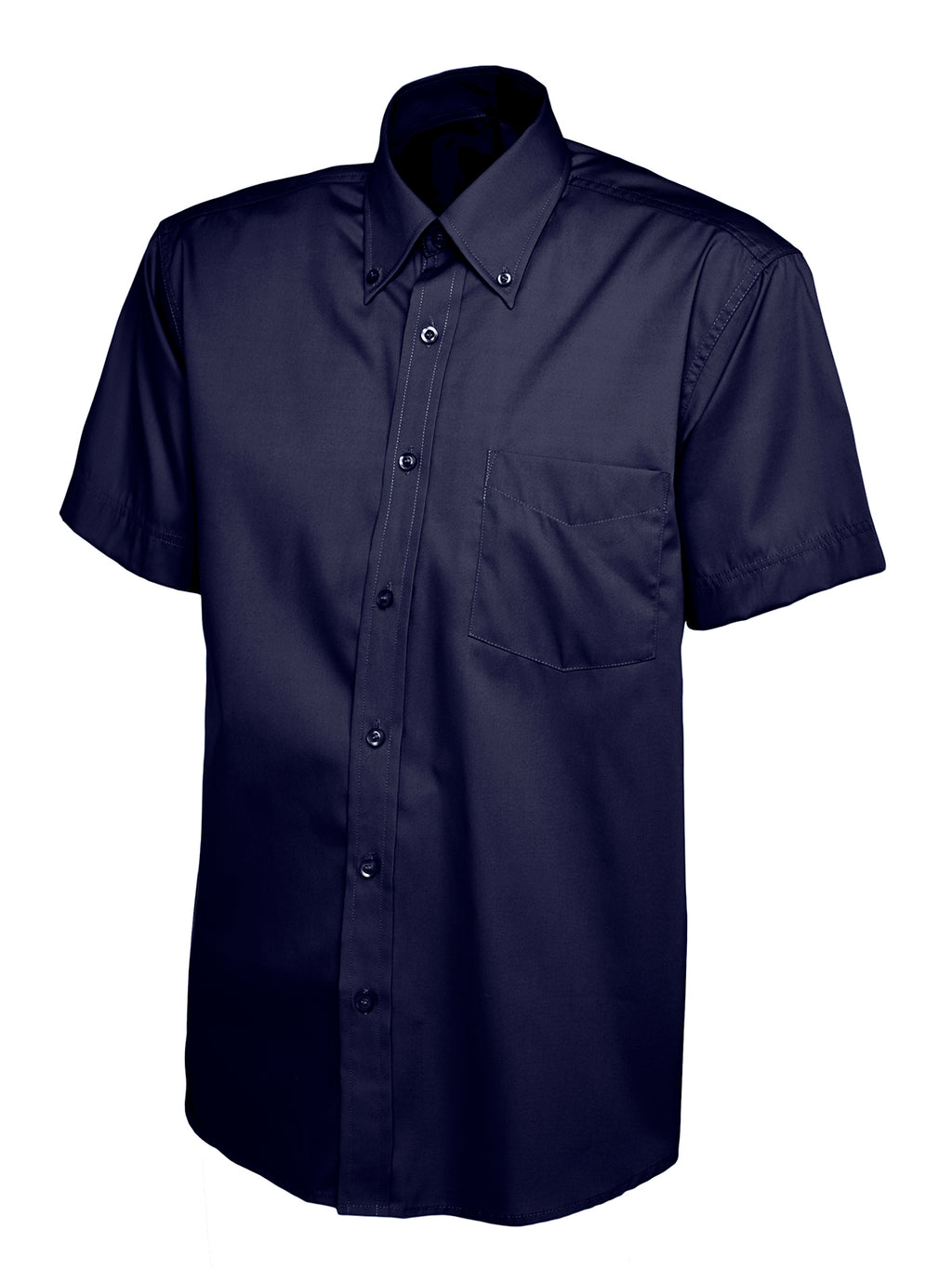 Navy blue short-sleeve button-down shirt with a button-down collar, chest pocket, and regular fit.