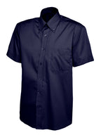 Navy blue short-sleeve button-down shirt with a button-down collar, chest pocket, and regular fit.