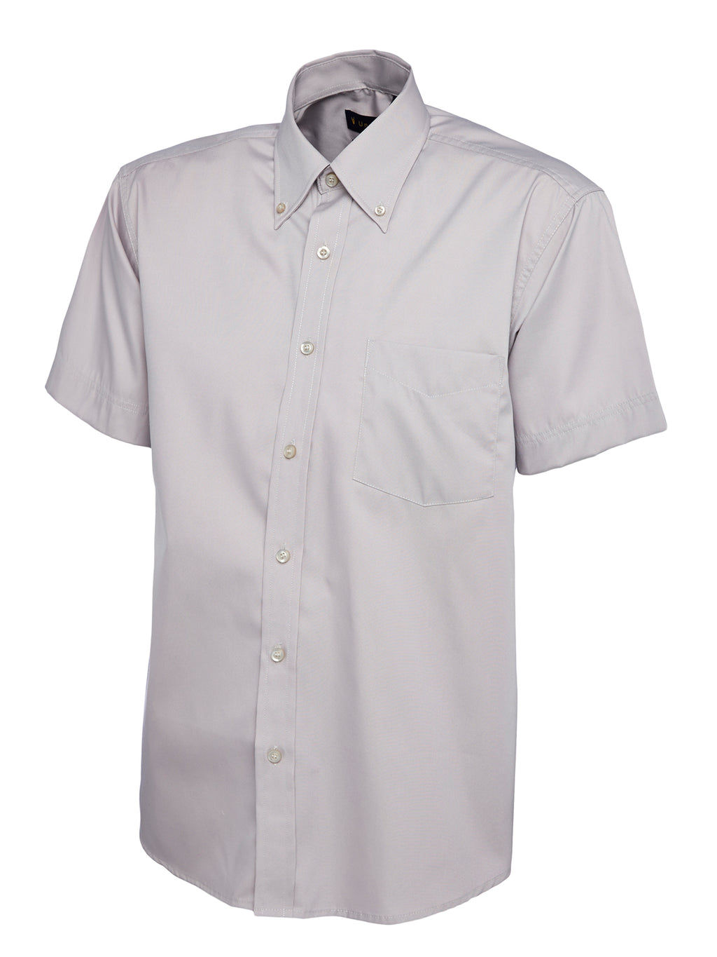 Light grey short-sleeve button-down shirt with a button-down collar, front chest pocket, and a classic fit.