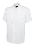 White short-sleeve button-down shirt with a button-down collar, chest pocket, and regular fit.