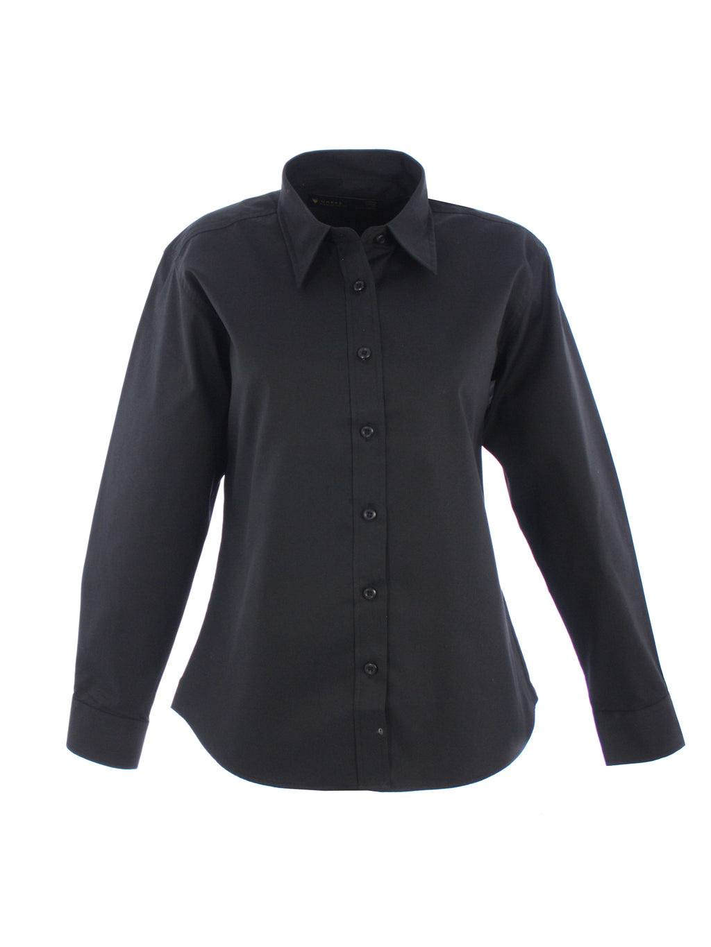 Black long-sleeve button-down shirt with a collar, standard fit, and buttoned cuffs.