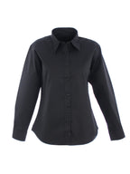 Black long-sleeve button-down shirt with a collar, standard fit, and buttoned cuffs.