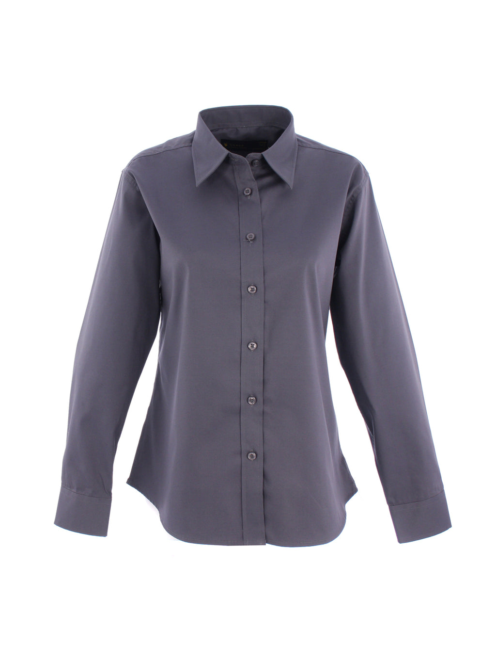 Dark charcoal grey long-sleeve button-down shirt with a classic collar and tailored fit on a white background.
